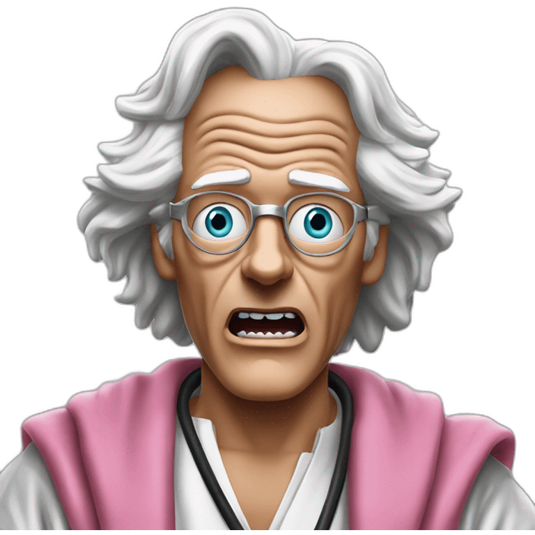 Doc brown from back to the future looking shocked and his mouth wide open. No eye-ware. Wearing a silver robe with black trim and a pink shirt with white tiez emoji