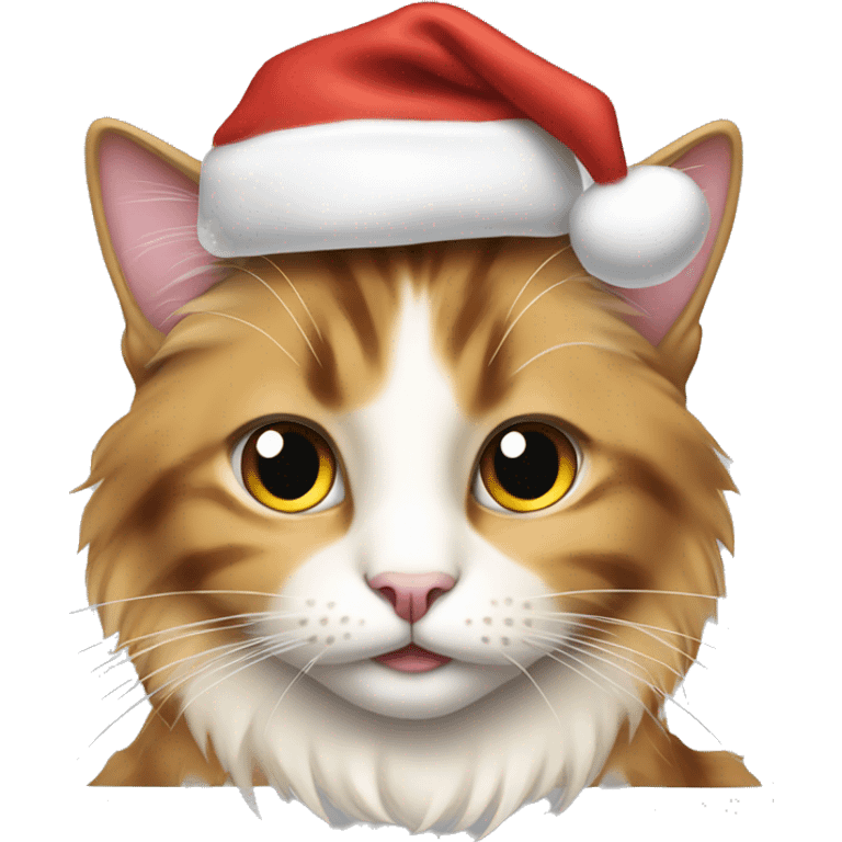 Long hair light calico cat wearing a Christmas hat emoji