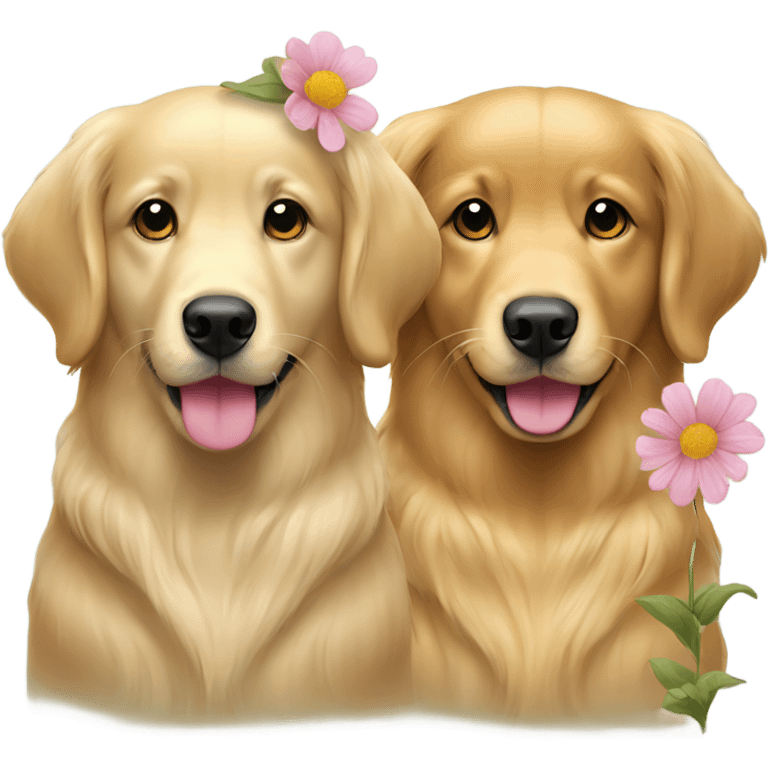 Two golden retriever girl dogs with flowers. One is lighter and one is darker emoji