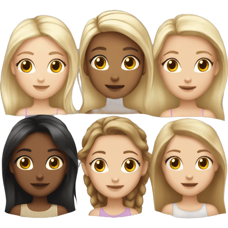 5 girls - one is blonde with tanned skin, one is blonde and pale, one has light brown hair and brown skin, one has black hair and pale skin, one has brown hair and pale skin emoji