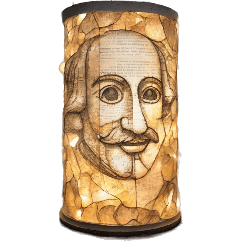 Glowing Shakespeare made of newspaper and bokeh fairy lights lanterns stained glass, fairy lights, bokeh, annotated sketch, handwritten letters, collage of intricate patterns, lantern, bokeh emoji