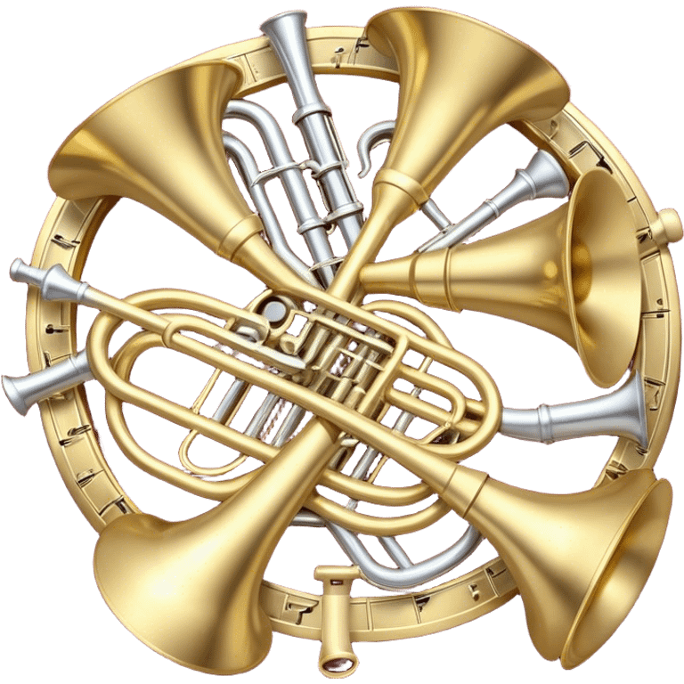 Create a festive and elegant emoji collage featuring a bouquet or fan of brass instrument bells (trumpets, saxophones, trombones, tubes, etc.) arranged in a radiant, symmetrical pattern. The instruments should have polished, golden and silver finishes, with their large, shiny bells forming a beautiful, fan-like display. Include a flowing ribbon of musical notes swirling through the center, conveying movement and melody. The background should feature a deep red velvet texture, adding a touch of luxury and sophistication. The overall composition should be balanced, with an elegant and regal feel, with a transparent background to keep focus on the instruments and musical elements. emoji