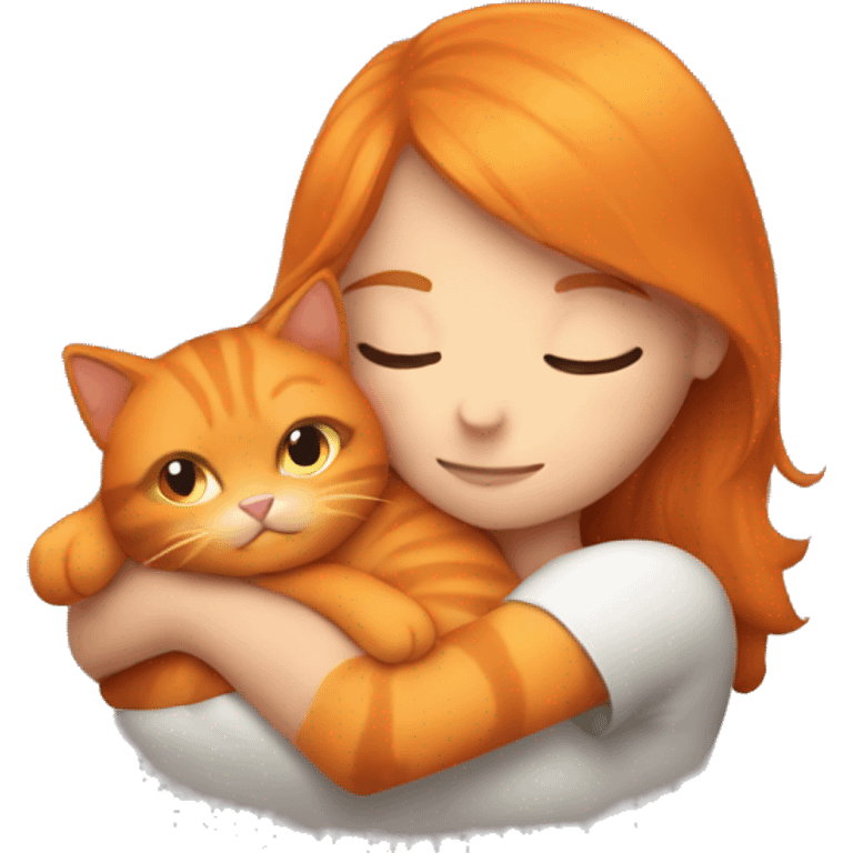 A girl snuggling fluffy orange cat emoji