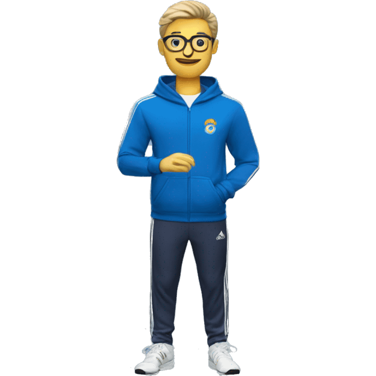 Profesor Educación Física sudadera azul adidas cronometro cabello corto mestizo emoji