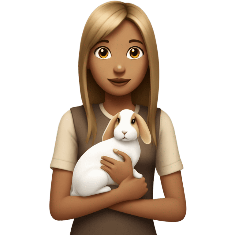 A bit tan girl with straight hair and light bangs holding a white and brown rabbit emoji