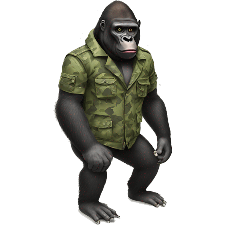 Gorilla on a surfboard wearing a camo vest emoji