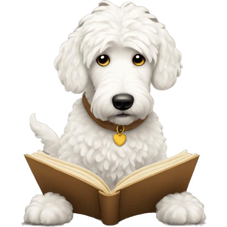 White golden doodle reading a book emoji