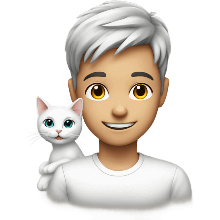 smiling boy in white shirt with cat emoji