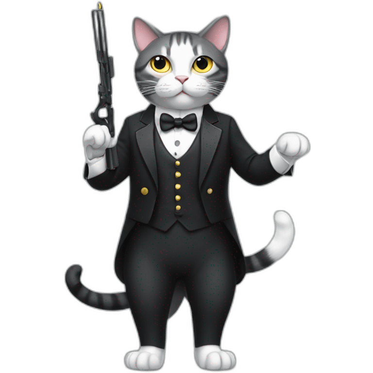 A full-length cat in a tuxedo, holding a weapon in its paws emoji