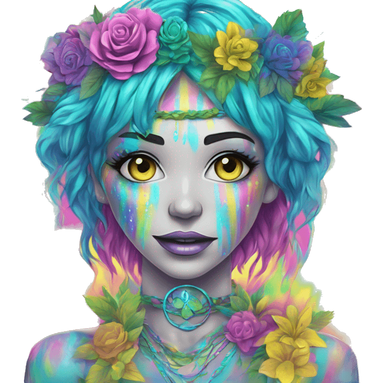 420 Tie dye hippie person flower crown tattoos hemp leaves metallic iridescent holographic blue cyan green pink yellow hazard stripes dark colours emoji