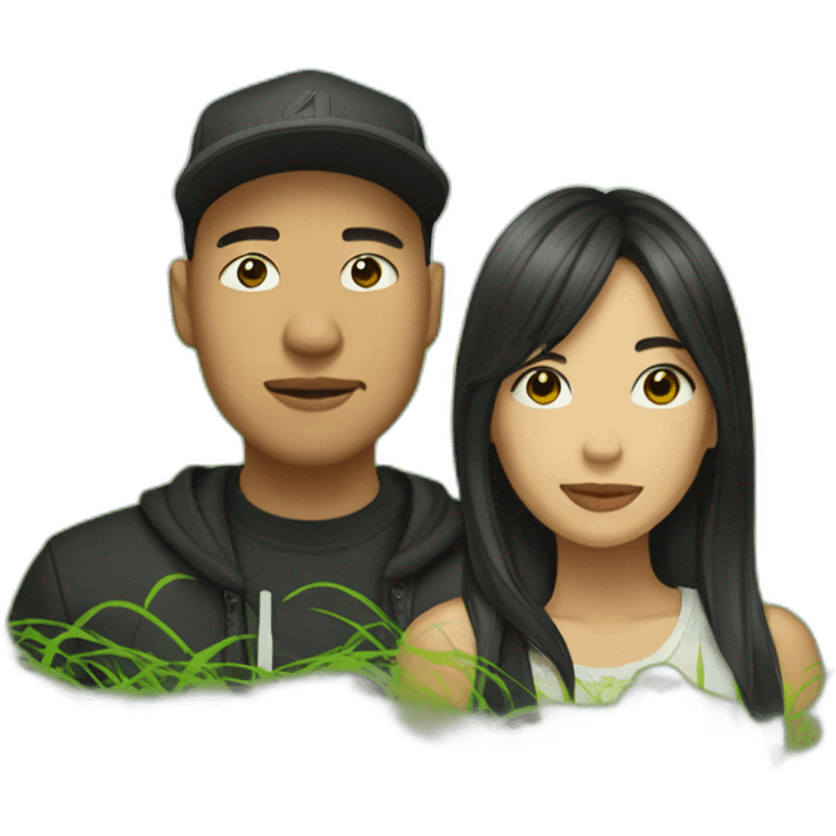 asian male rapper and a female songwriter in a huge grassland emoji