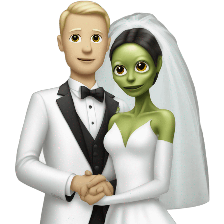 White humman man in a tuxedo holding, Alien reprilian woman in wedding dress, and one , hands getting married emoji