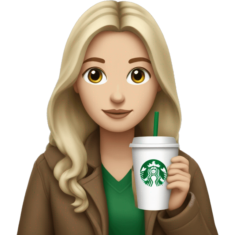 A white girl with brown and long hair, green eyes, with a beige coat, drink a starbucks coffe emoji