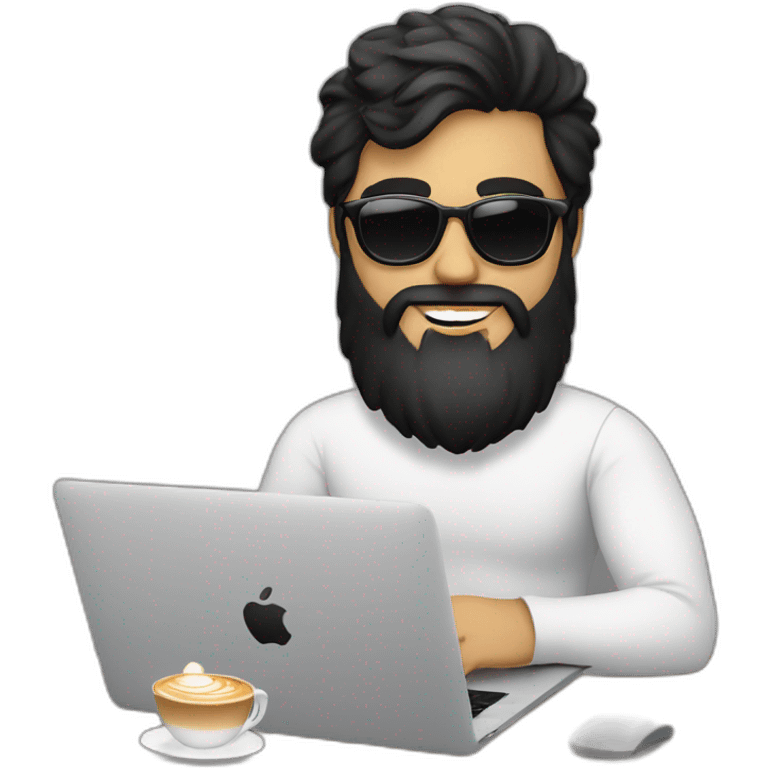 Designer with black hair, beard and round sunglasses working with MacBook and drinking cappuccino  emoji