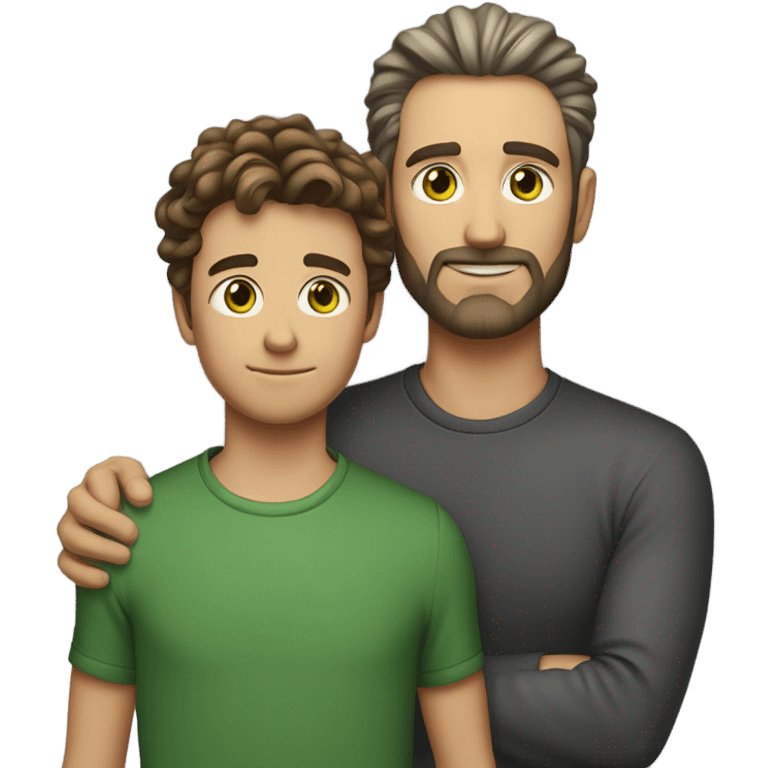 Handsome Father 40s green eyes with short full beard with Son 13s light brown eyes tousled bedhead look both has brunette hair light skin arms on shoulder portrait emoji