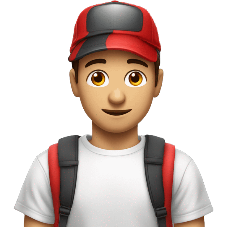 Hombre, masculino, joven de unos 30 a 40 años, de ascendencia latina, con una camiseta compuesta por bastones rojos y blancos de manera vertical y un gorra roja  emoji