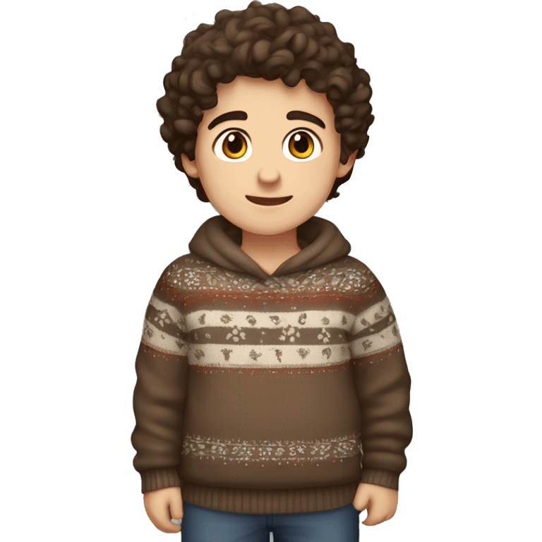 winter, christmas, young boy, short  curly brown hair, brown eyes, hispanic, sweater, full body, chubby emoji