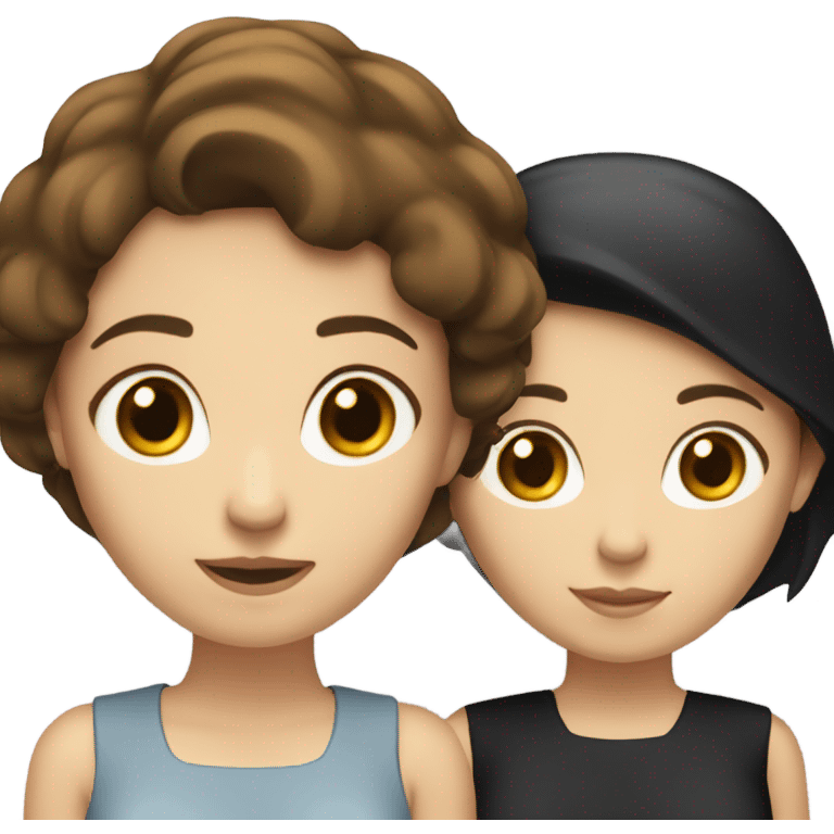 two caucassian woman with brown hair standing next to each other. One has black hair the other one has brown hair and is slightly shorter then the woman with black hair emoji