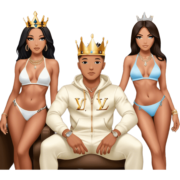 A man Josh King Madrid wearing Louis Vuitton Sweatsuit—also known as JetSet—relaxing in a private jet. He’s sporting a gleaming crown and piles of diamond chains that catch the sunlight. The plane windows are open, revealing puffy white clouds just beyond. Next to him is Three stunning Fitness bikini models—Tefi Valenzuela, Narmin Assiria, and Jessica Cribbon—gather around him.  emoji