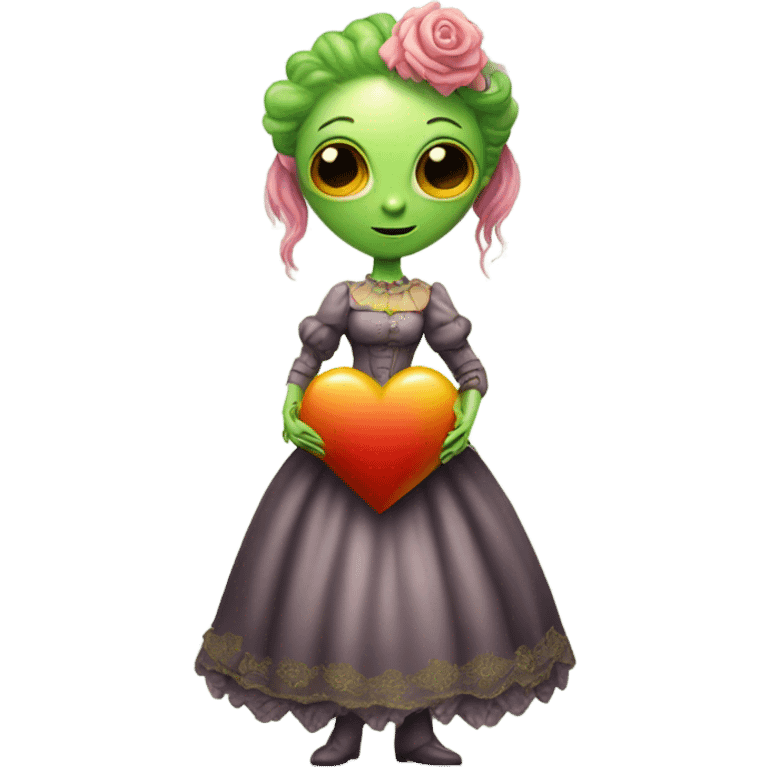 a green alien woman in Victorian orange and jellow dress, pink hair,holdig, red big hearth, full body emoji