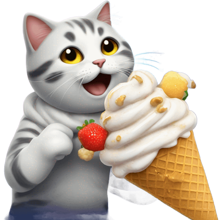 really happy cat eating ice cream in space with sparkles around it emoji