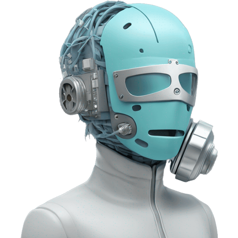 Pastel blue haired cyborg head with silver respirator mask and circuits emoji