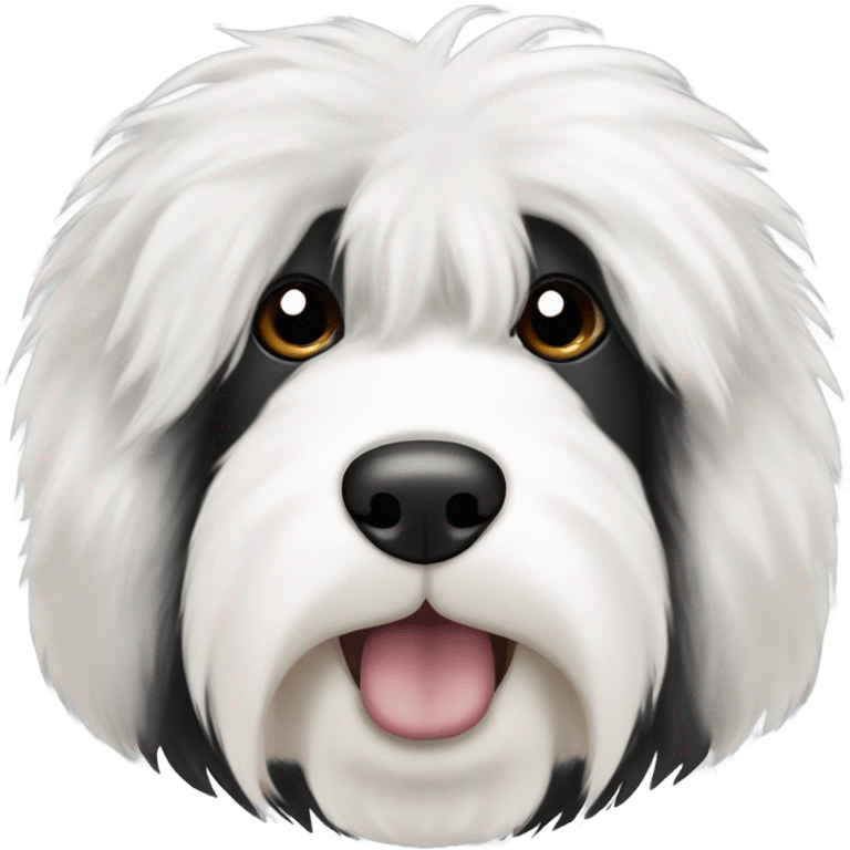 Old English sheepdog face with the right half of his face white and the left half of his face black. White around the mouth and nose. Make him fluffy and both ears are black emoji