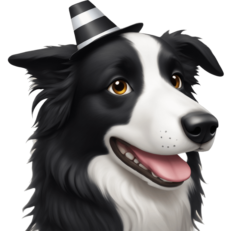  The Australian Border Collie has a face that is black on one side: and white on the other. She is wearing a party hat. emoji