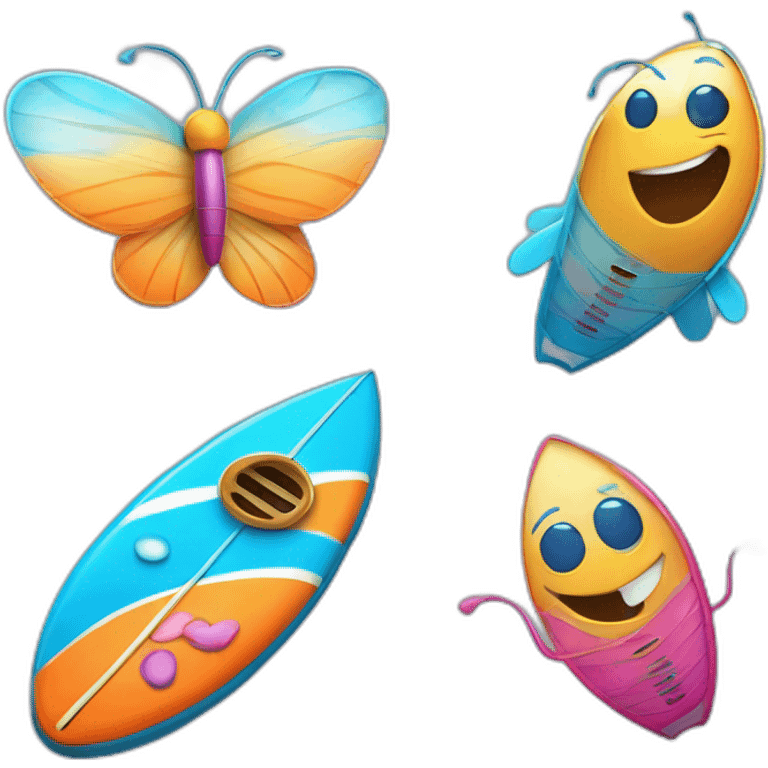 A surfboard Cartoon Blue and orange smiling with butterfly and and mikrophone Cartoon Blue and pink sin with buttefly emoji