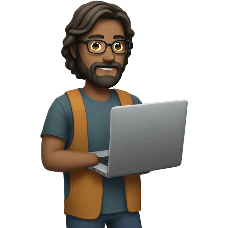 A guy with semi-long hair, beard and glasses holding laptop emoji