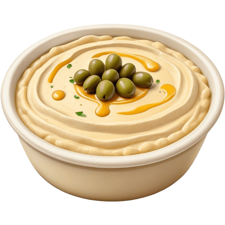 Cinematic Realistic Hummus Dish Emoji, depicted as a creamy chickpea dip drizzled with olive oil rendered with rich textures and warm, inviting lighting. emoji