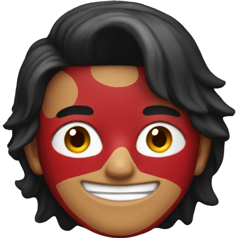 smiling boy in red sweater in batman mask emoji