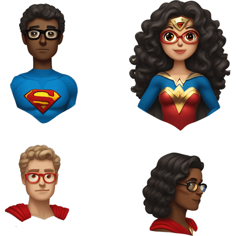 long curly wonderwoman with brown superman with red glasses emoji