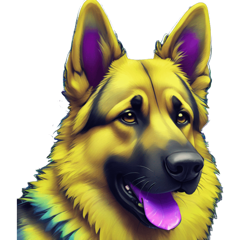 .Zombie_ Vaporwave black holographic oilslick zombie yellow German shepherd dog yellow caution tape graffiti stripes iridescent blue purple mane yellow stripes emoji