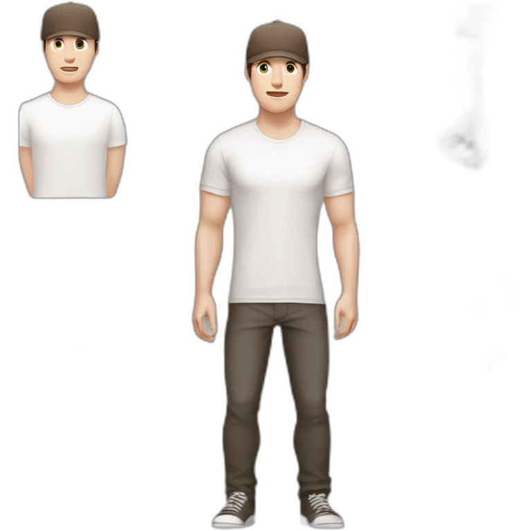 Pale skinned fit Man with dark brown hair in a light gray cap, dark brown jeans, brown polo and white T-shirt keeping a pasted with tape white box into his hands emoji