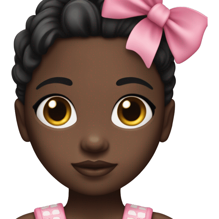 darkskin doll with pink bows and black straight hair and a cropped bandu top and dark brown eyes  emoji