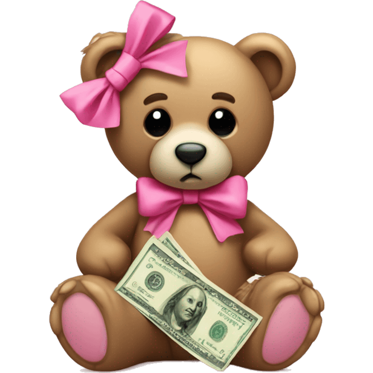 Sad teddy bear with pink bow holding money emoji