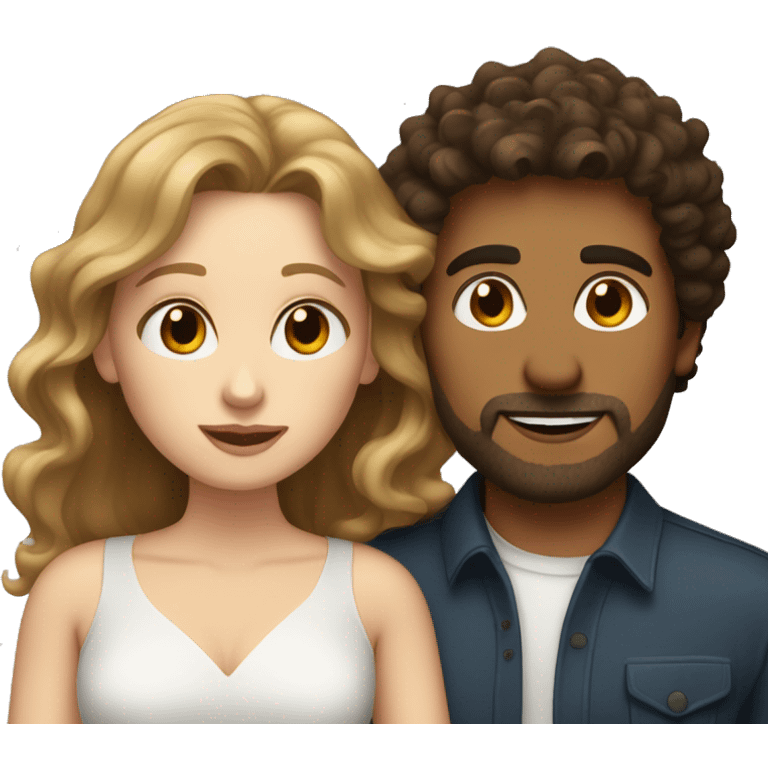 White woman with long dark brown curly hair kissing white man with light brown hair and stubble emoji