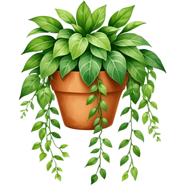 A vibrant hanging plant in a terracotta pot, painted in soft watercolor strokes with detailed leaves cascading down. emoji