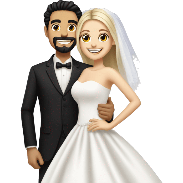 Wedding couple with Handsome middle eastern man with goatee and black hair has big smile with bride who has blonde hair , hair down , and beautiful  emoji