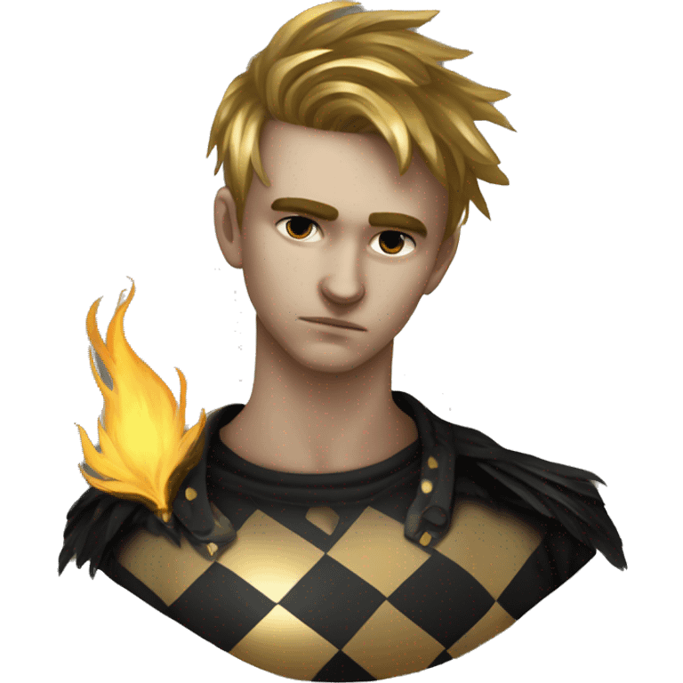 Hamlet young skinny sad man iridescent hair wearing raven feathers and golden flames yin yang chess board emoji