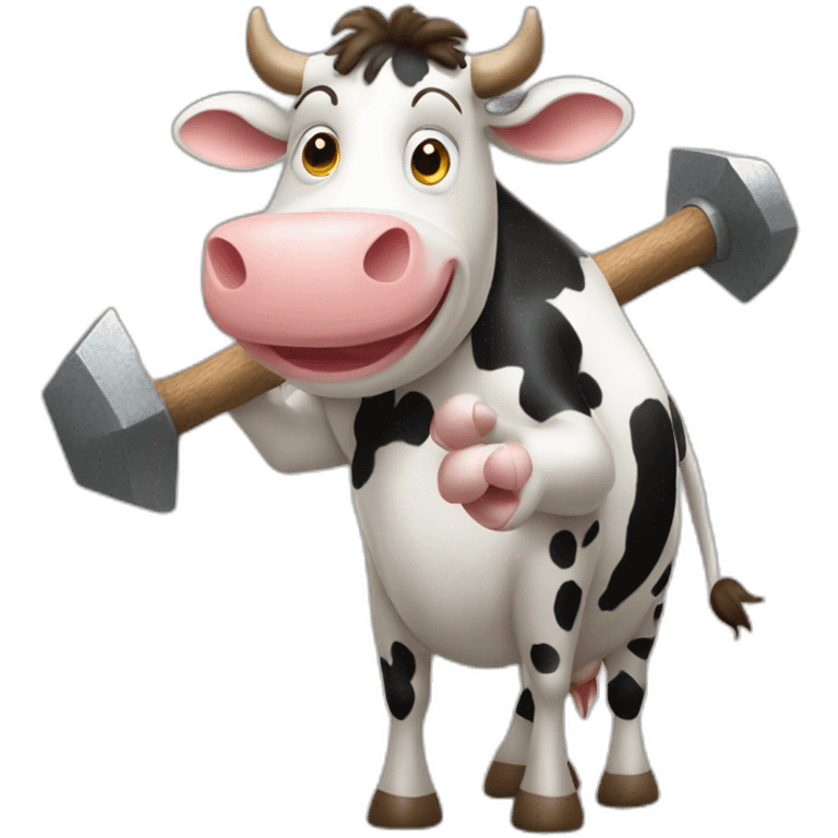 cow waving both pan and inflatablehammer emoji