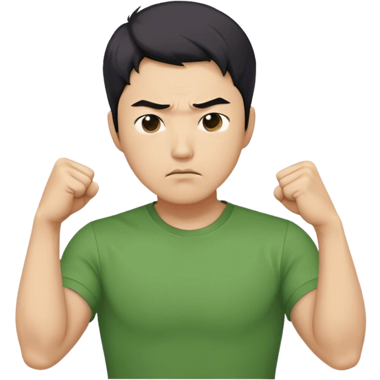 A determined Korean man in a green shirt, clenching his fist with a confident expression. Emoji-style digital illustration emoji