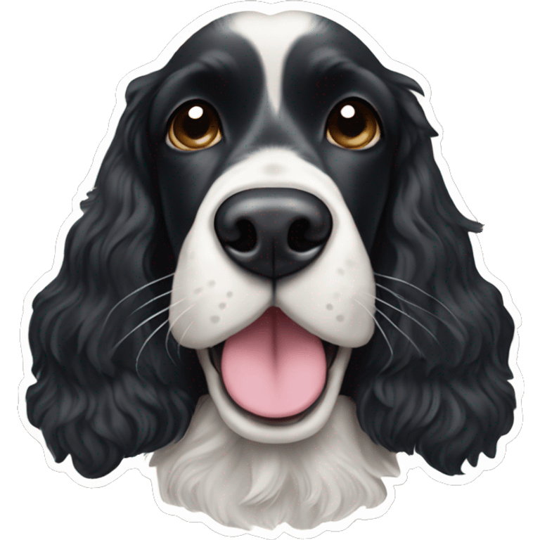 Black English cocker spaniel with tongue out and small white patch on top of nose  emoji