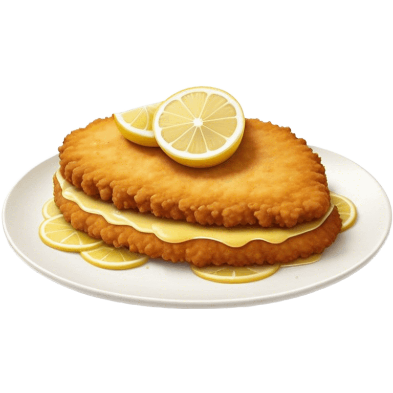 Cinematic Realistic Veal Schnitzel Dish Emoji, depicted as a golden, breaded veal cutlet served with lemon rendered with crisp textures and inviting, natural lighting. emoji