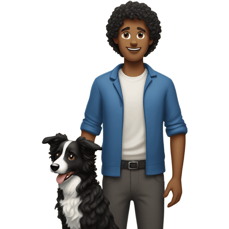 A curly-haired whiteman holding a Border Collie. emoji