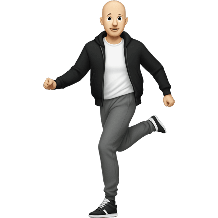 a bald white man, with a black sweater and gray jogging pants and dancing shoes emoji