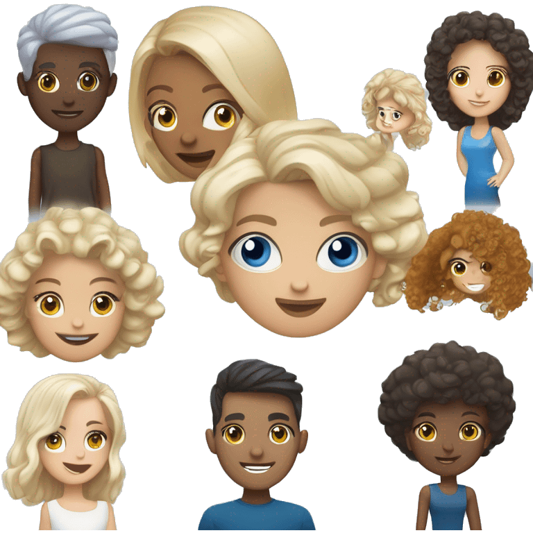 Grupo de amigos, chico de piel blanca, ojos azules y piel blanca, chica con pelo corto y ojos violetas, chico con pelo rizado, piel blanca y ojos azules, chica rubia con pelo afro y ojos azules emoji