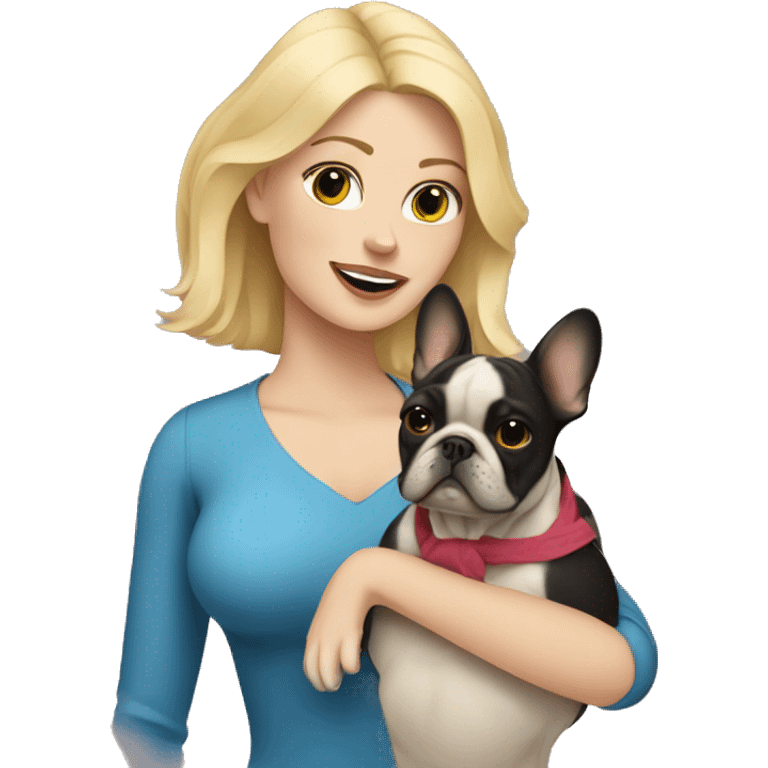 Blonde haired woman holding a French bulldog emoji