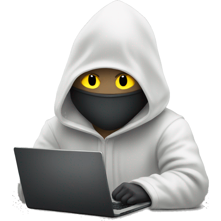 hooded masked man with a laptop and bright glowing white eyes  emoji